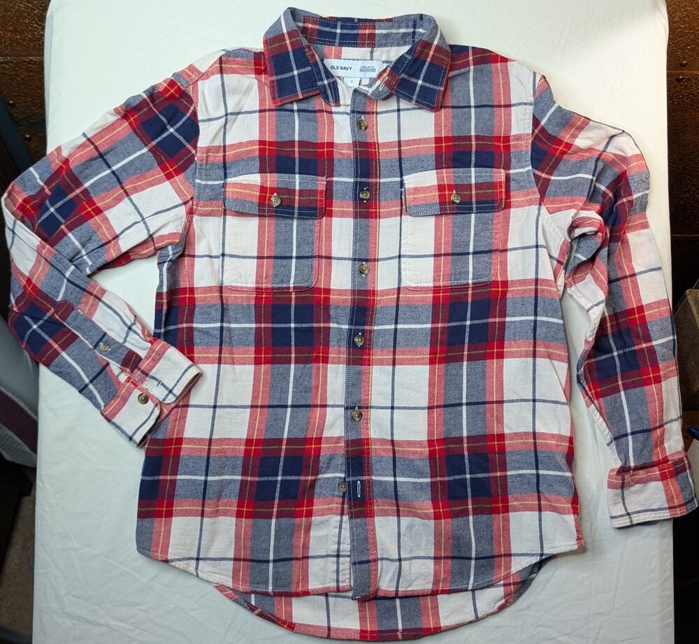 Old Navy Regular Fit Built in Flex Plaid Flannel Button Up Shirt M Festive Fall